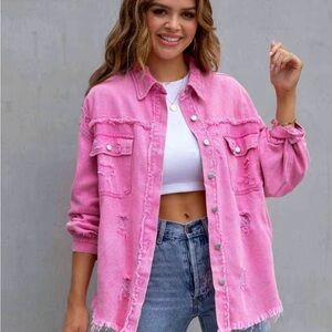 Pink Distressed Drop Shoulder Denim Jacket